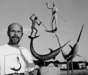 Jay with Bronze Swordfish Harpooner and Menemsha Swordfish Harpooner.  Jay is wearing the Swordfish Harpooner T shirt